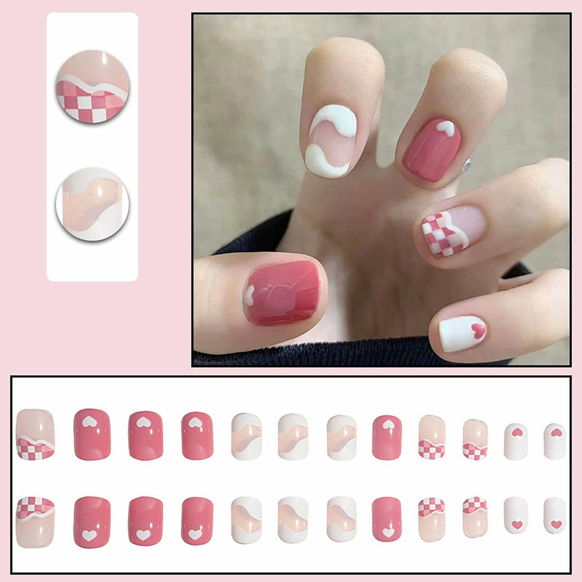 Uñas postizas cuadradas Vokupoga blanco y rosa acrílicas, 24 piezas, reutilizables