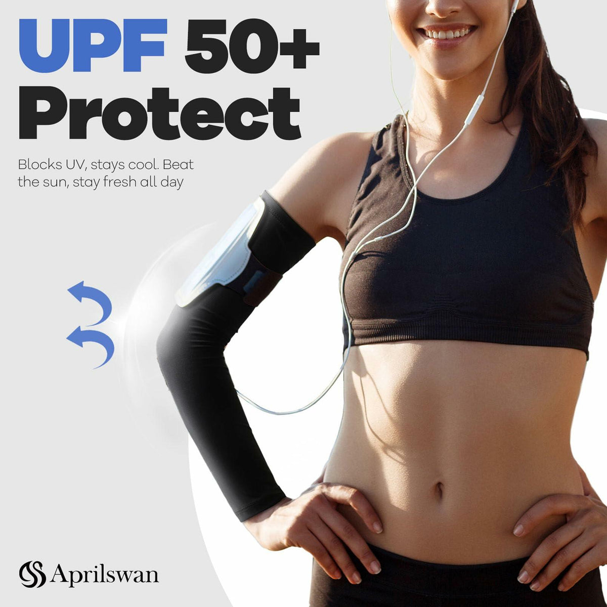 Mangas de compresión antideslizantes con protección solar UV Aprilswan, color negro, 1 par