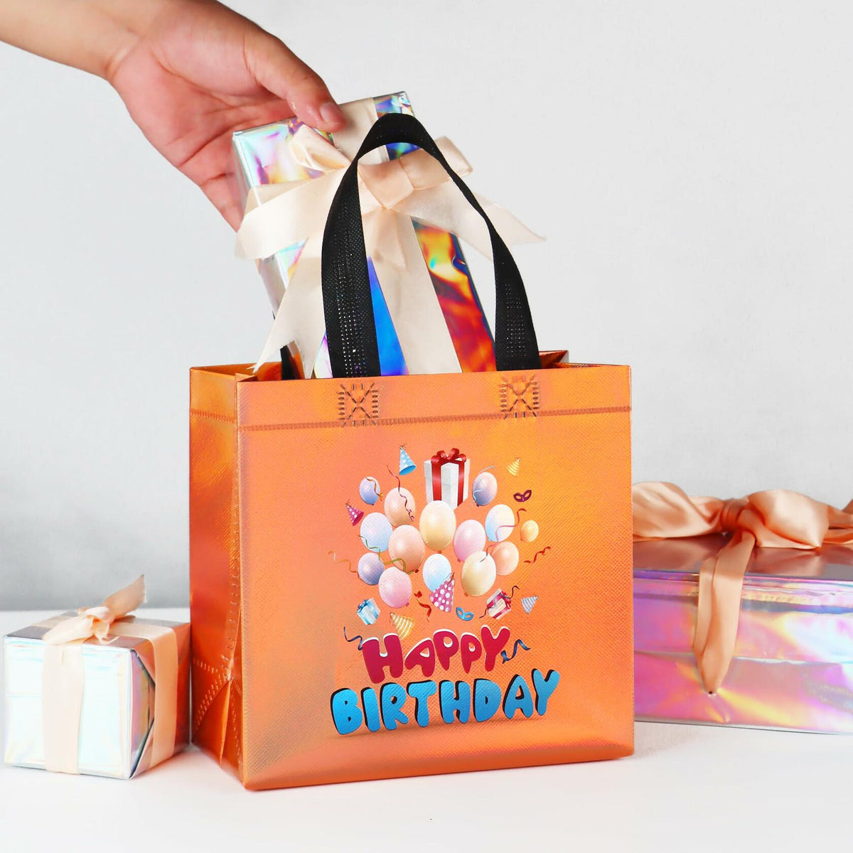 Bolsas de regalo de cumpleaños cabzymx con asas, diseño de globos amarillos, 18 unidades, pequeñas