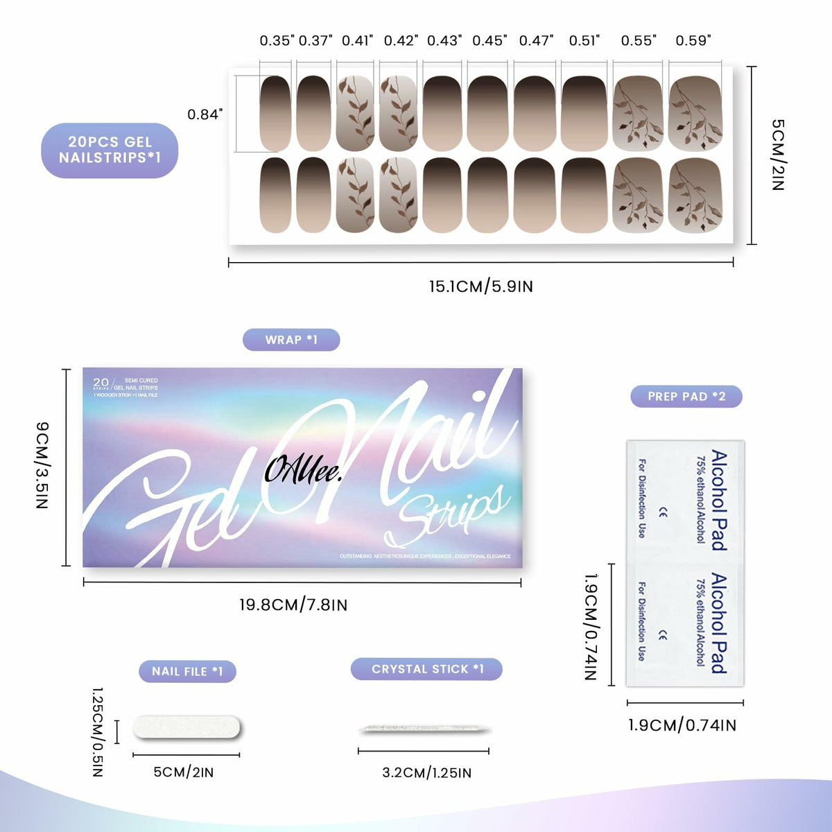 Tiras de uñas de gel semicuradas Oauee, 20 pegatinas, gris antracita, para lámpara UV/LED