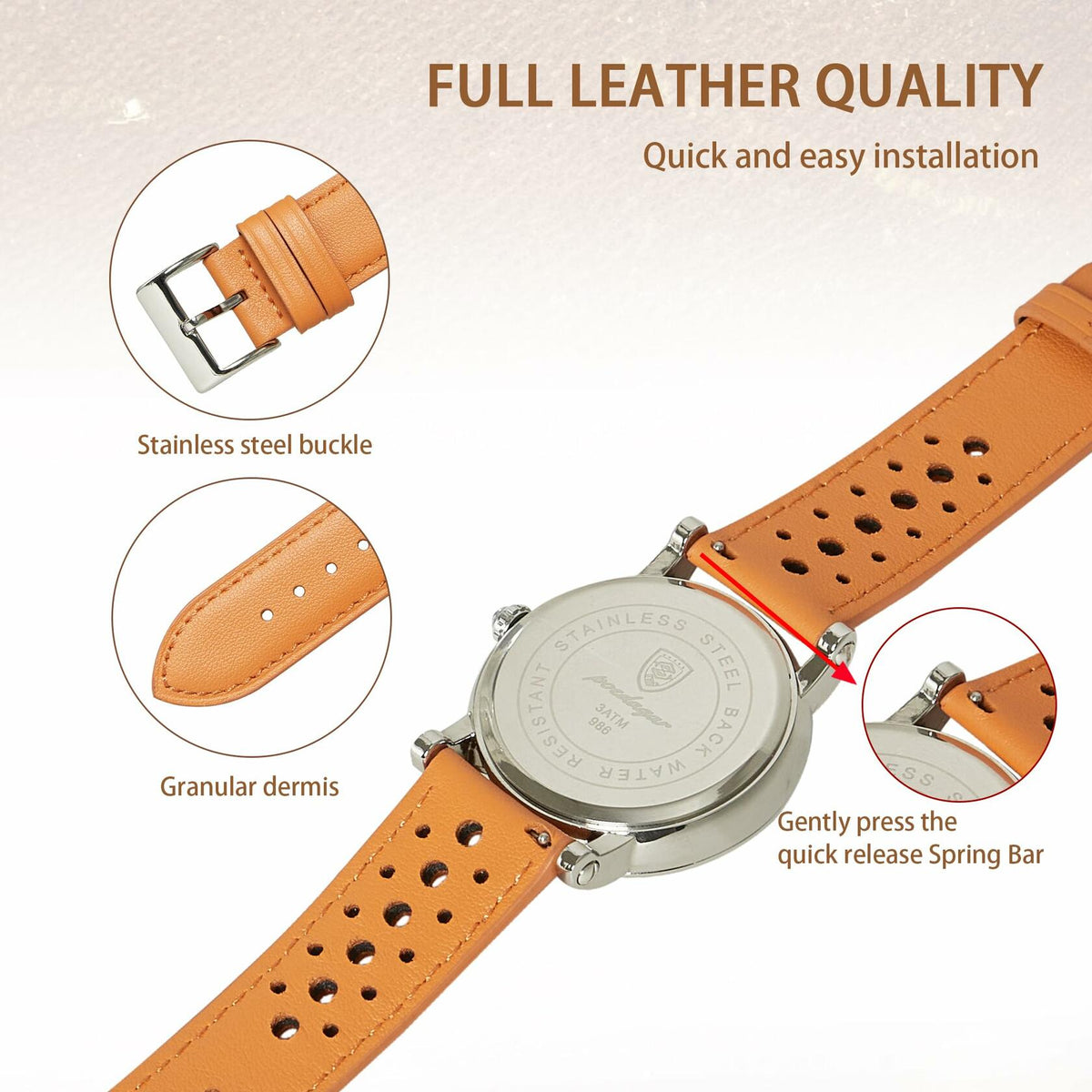 Correa de reloj de cuero Jeereal, 22 mm, cuero genuino color tostado