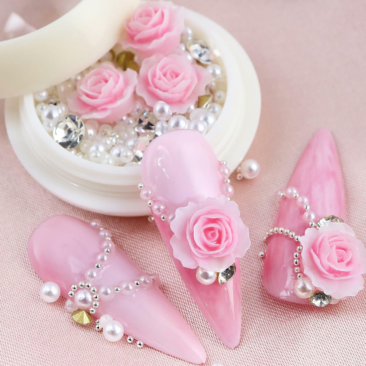 Valentine's Day Pink Flower 3D Nail Art Charms Pearls Rhinestones 1 Box