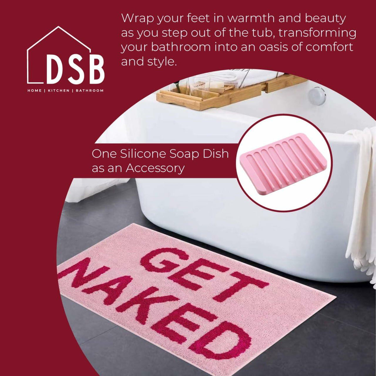Alfombra de baño DSB Get Naked 20x32, letras arcoíris rosas, microfibra antideslizante