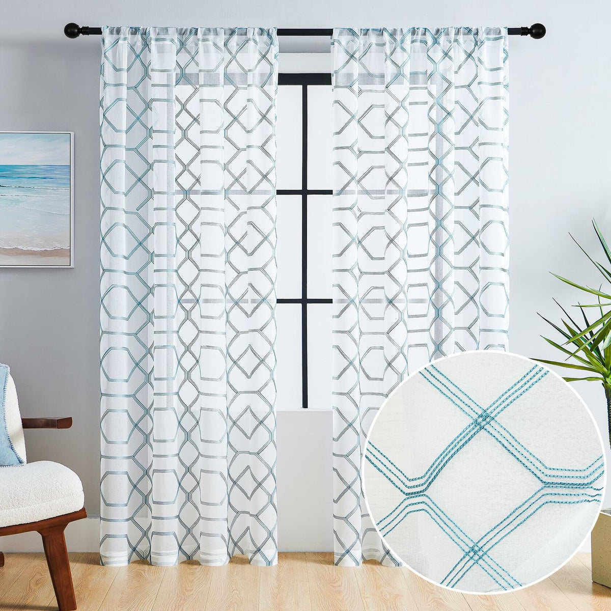 Cortinas traslúcidas WANSOUL con patrón azul, 2 paneles de 84 pulgadas, diseño marroquí azul cerceta