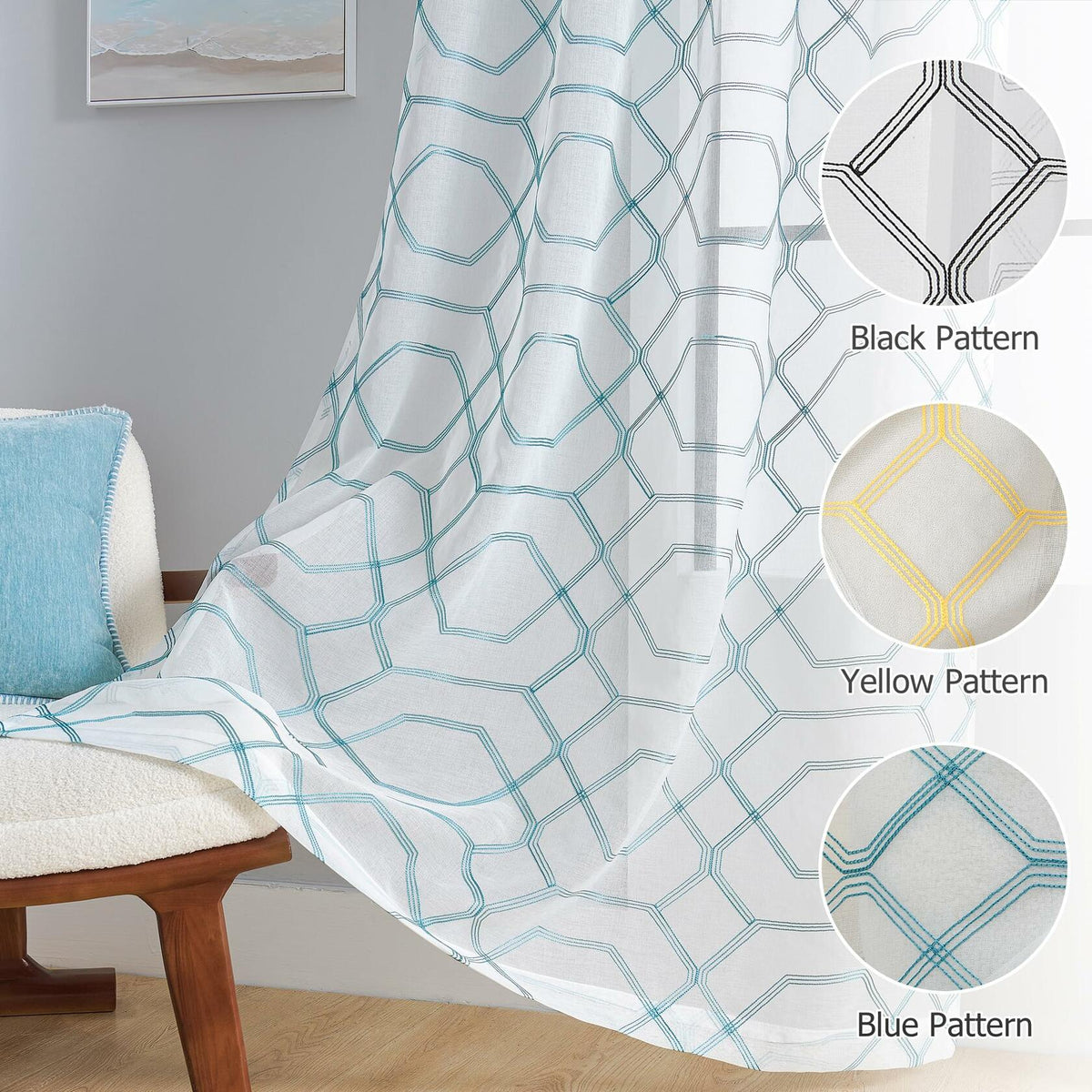 Cortinas traslúcidas WANSOUL con patrón azul, 2 paneles de 84 pulgadas, diseño marroquí azul cerceta