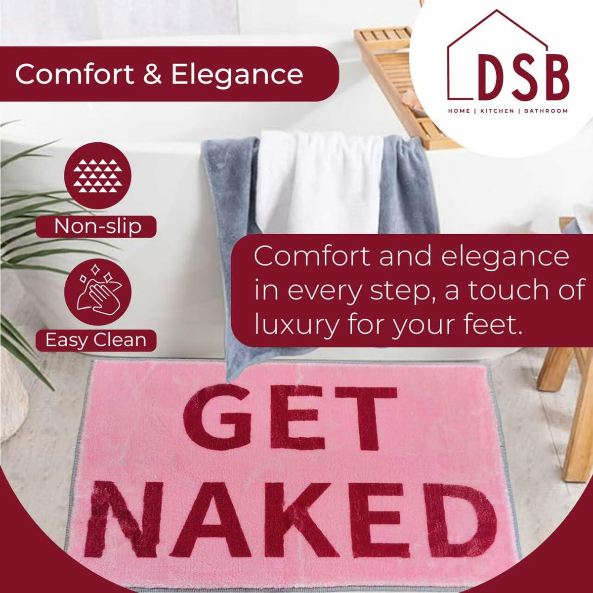 Alfombra de baño DSB Get Naked 20x32, letras arcoíris rosas, microfibra antideslizante