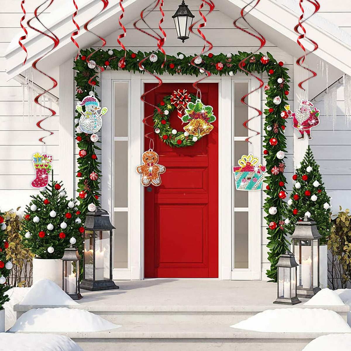 Decoraciones colgantes en espiral de Diamond Art, pan de jengibre y muñeco de nieve navideños, 6 piezas