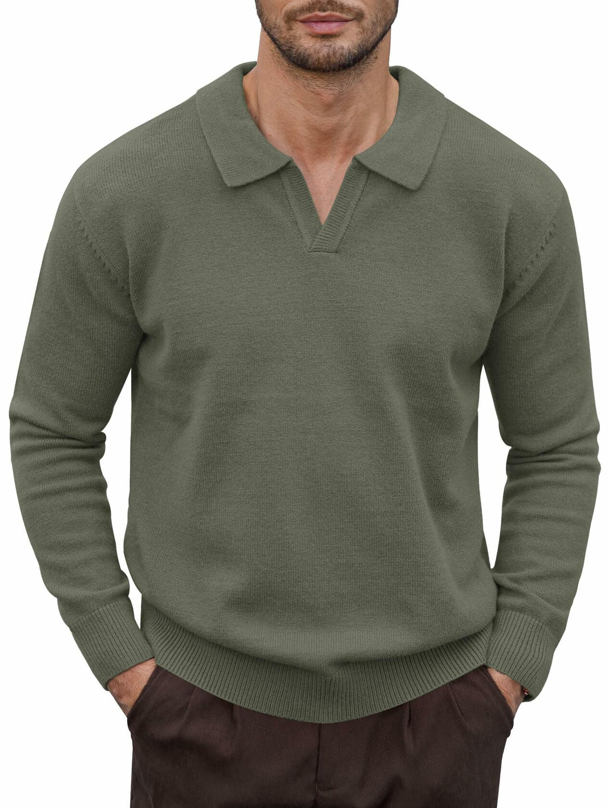 Suéter tipo polo para hombre Herberton, cuello en V, manga larga, gris, talla L