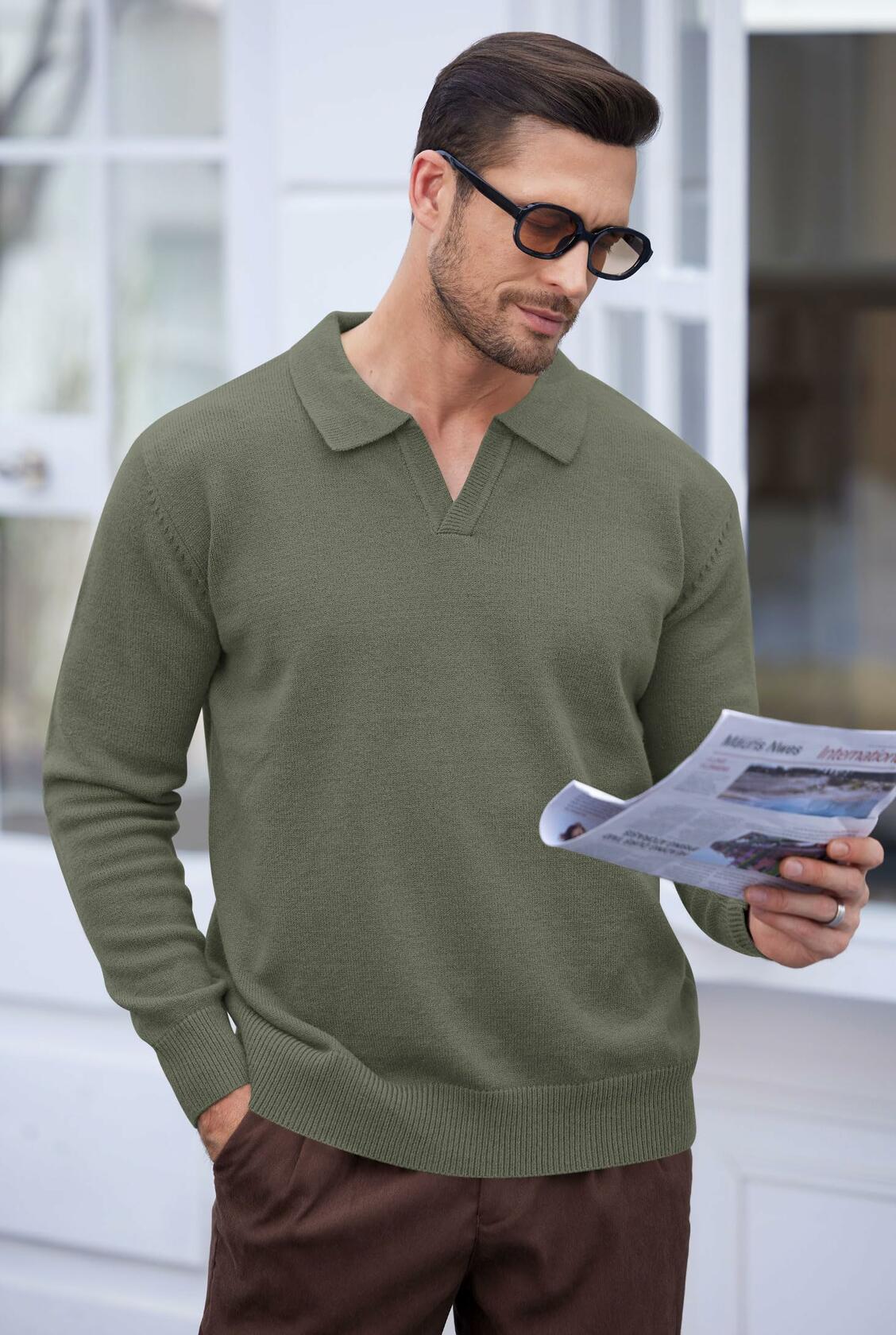 Suéter tipo polo para hombre Herberton, cuello en V, manga larga, gris, talla L