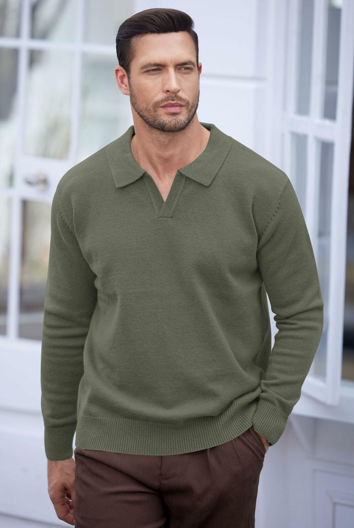 Suéter tipo polo para hombre Herberton, cuello en V, manga larga, gris, talla L