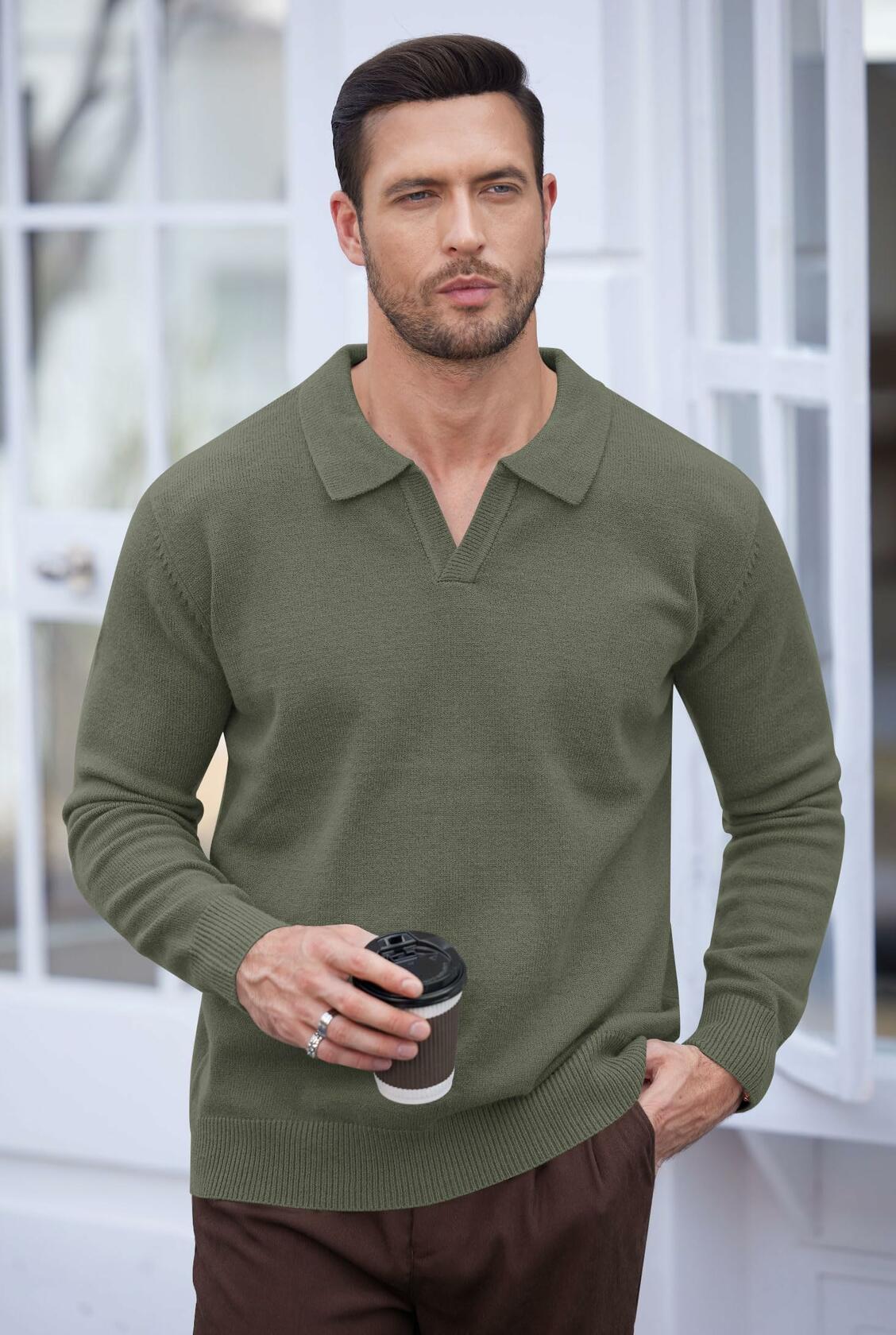 Suéter tipo polo para hombre Herberton, cuello en V, manga larga, gris, talla L