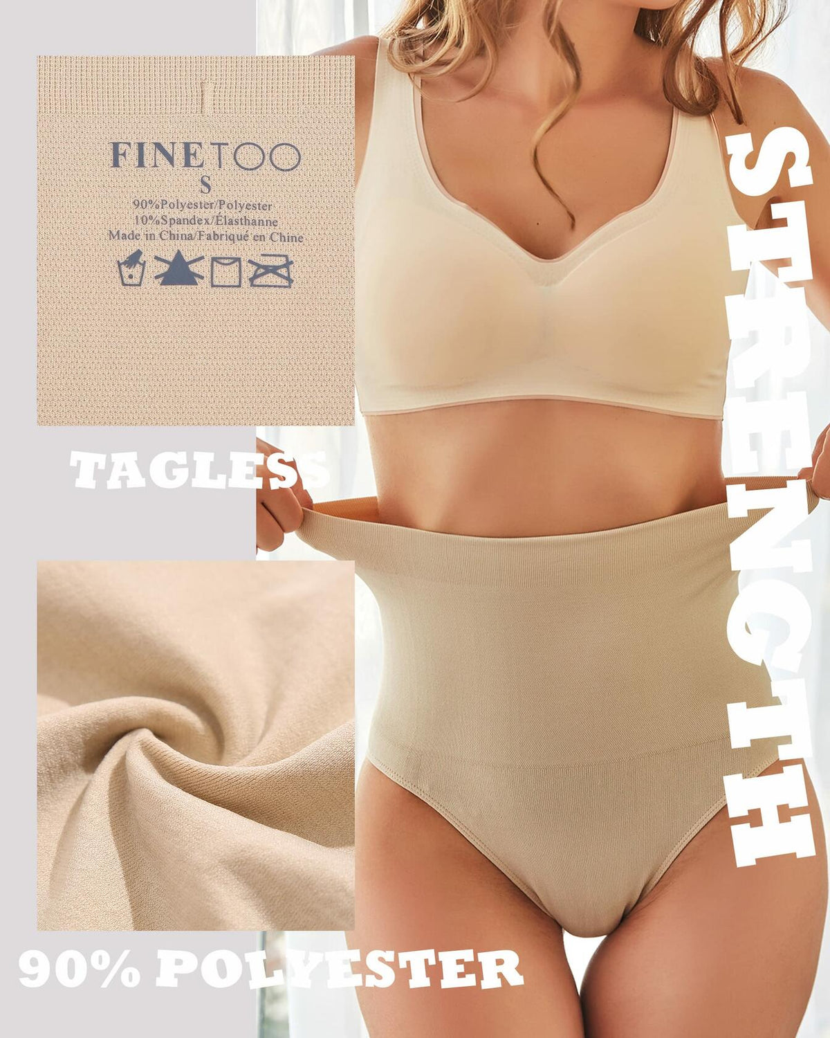 Bragas moldeadoras de cintura alta con control de abdomen FINETOO talla grande S color nude