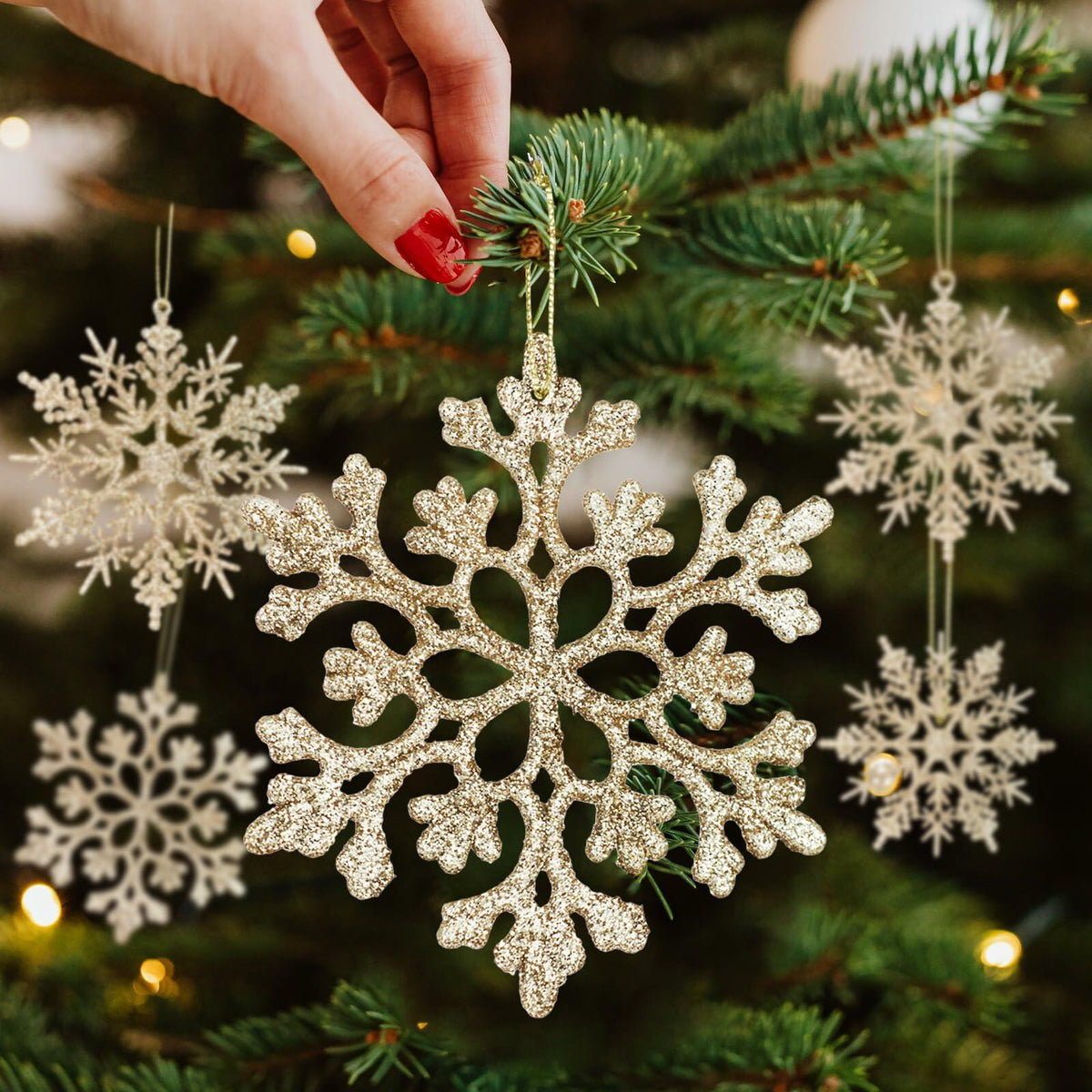 [Like New] Langley Christmas Snowflake Ornaments Set 36pcs Rose Gold 4 Sizes Glitter