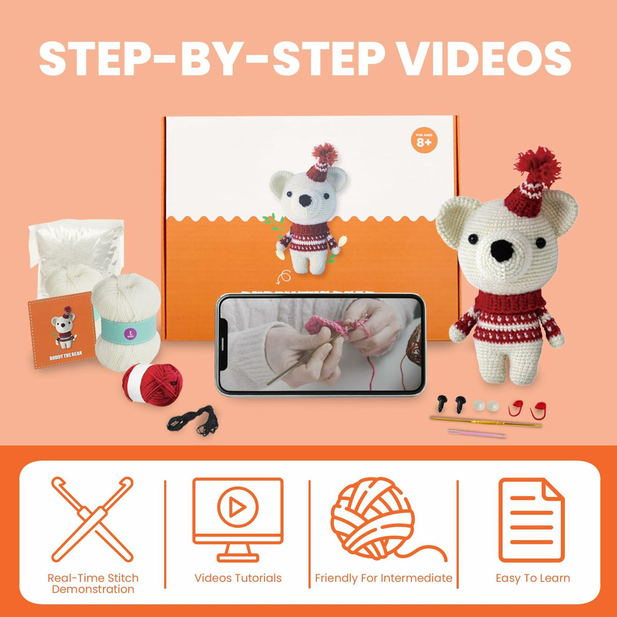 Kit de ganchillo amigurumi para adultos, nivel intermedio, manualidad DIY, oso con materiales