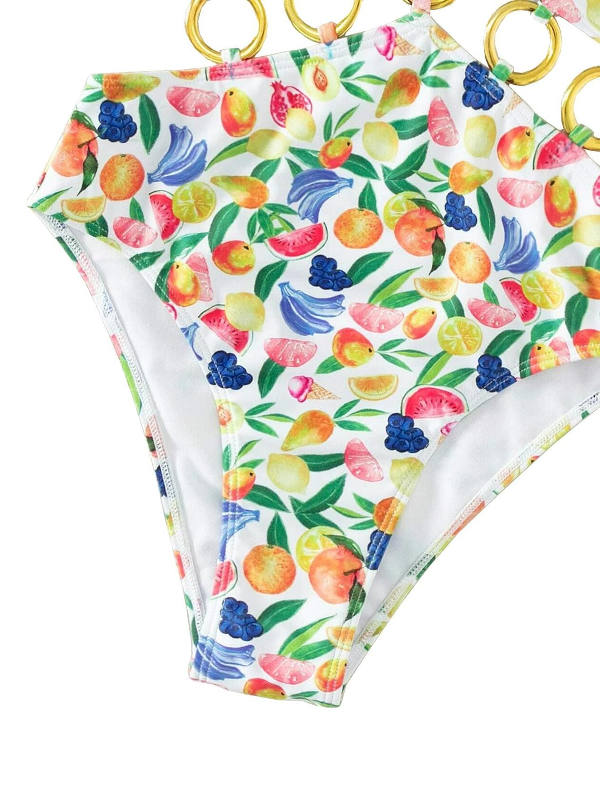 Traje de baño de una pieza con estampado de frutas y anilla, monokini con aberturas, multicolor, talla S