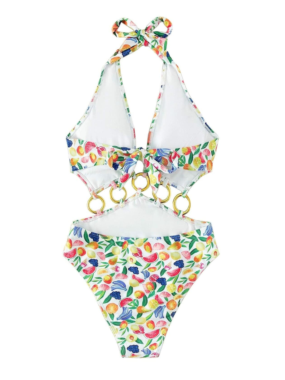 Traje de baño de una pieza con estampado de frutas y anilla, monokini con aberturas, multicolor, talla S