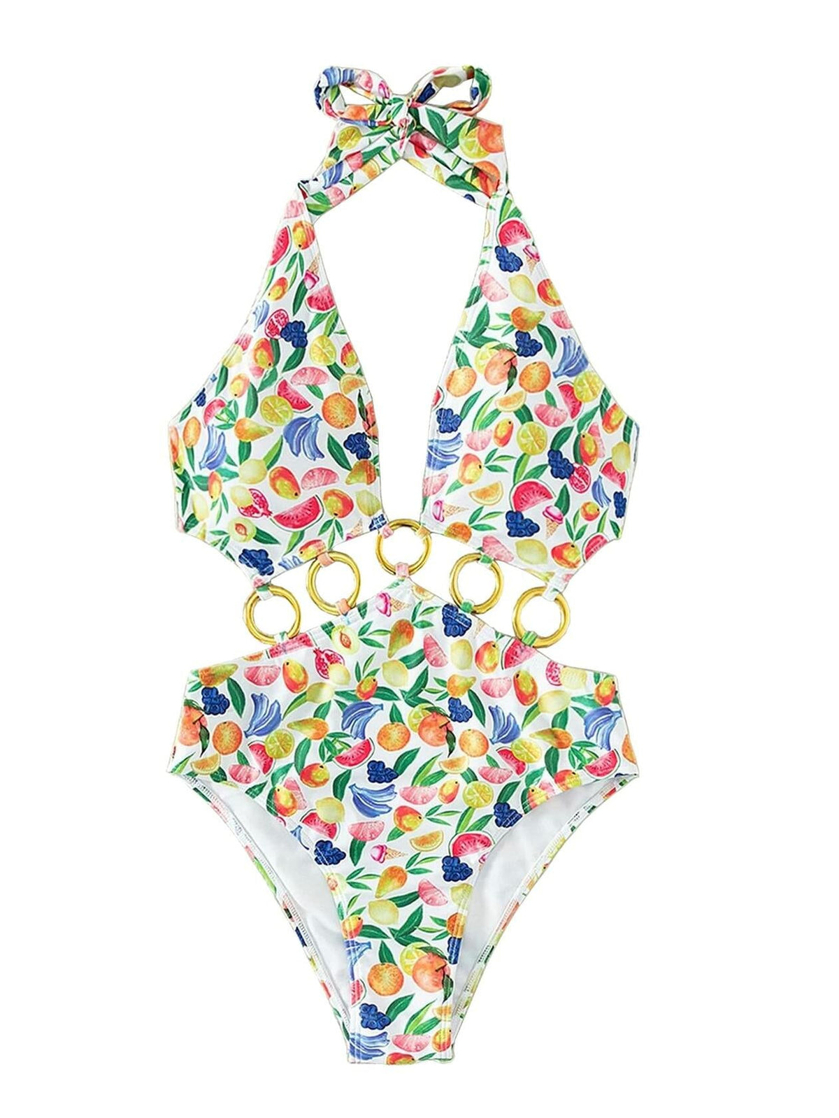 Traje de baño de una pieza con estampado de frutas y anilla, monokini con aberturas, multicolor, talla S