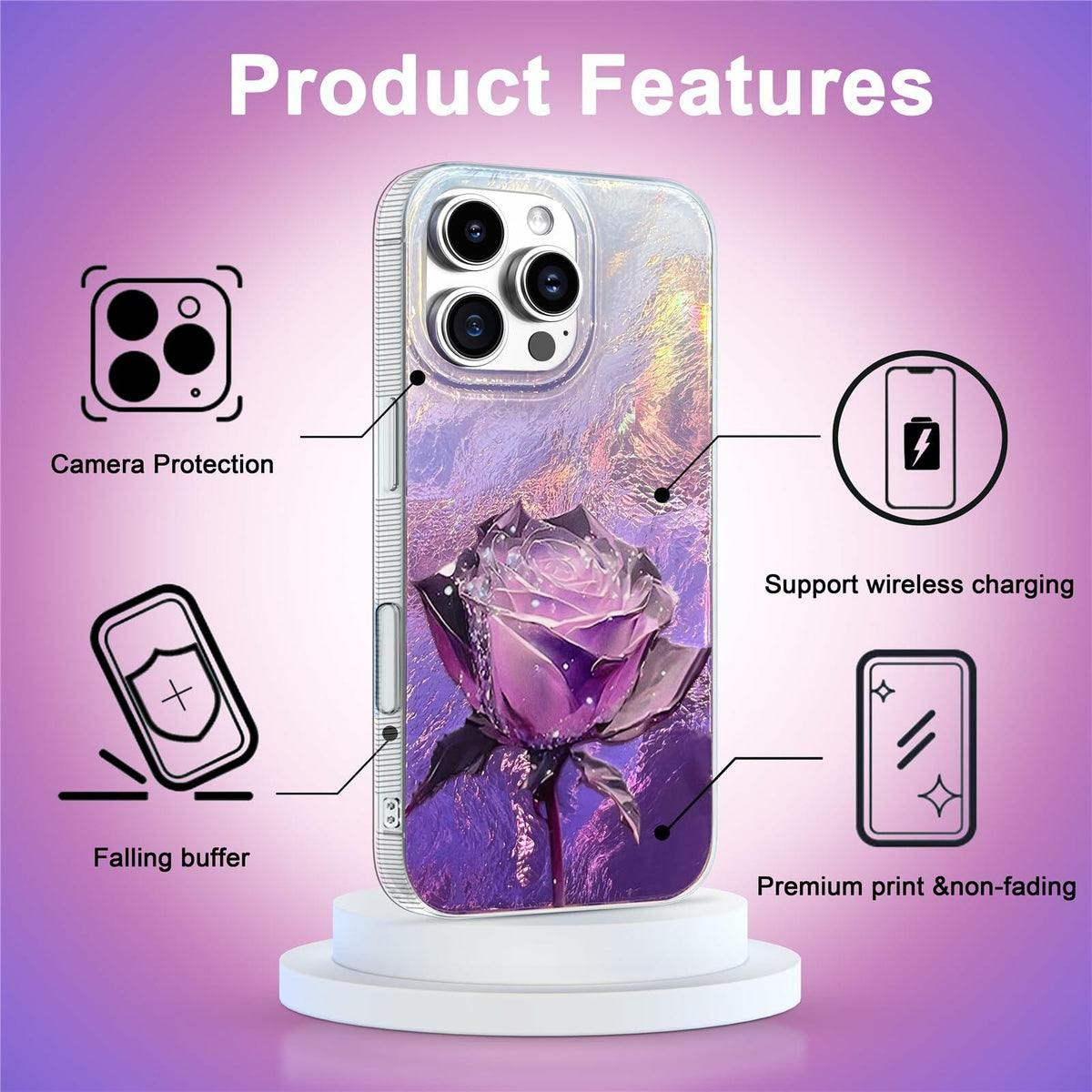 Funda para iPhone 16 Pro, diseño de rosas moradas, protectora, flexible, de TPU, delgada y resistente a impactos