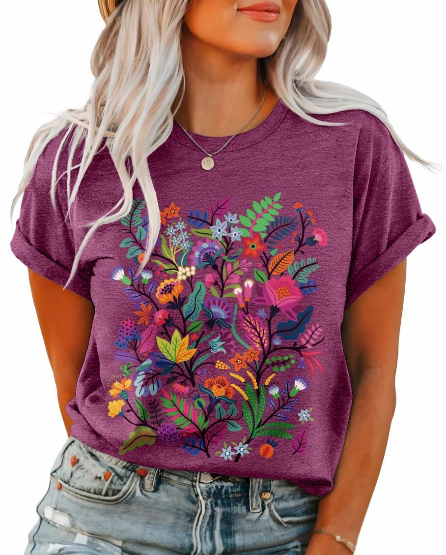 Camiseta de cuello redondo con estampado de flores silvestres estilo bohemio para mujer Inber, talla XL