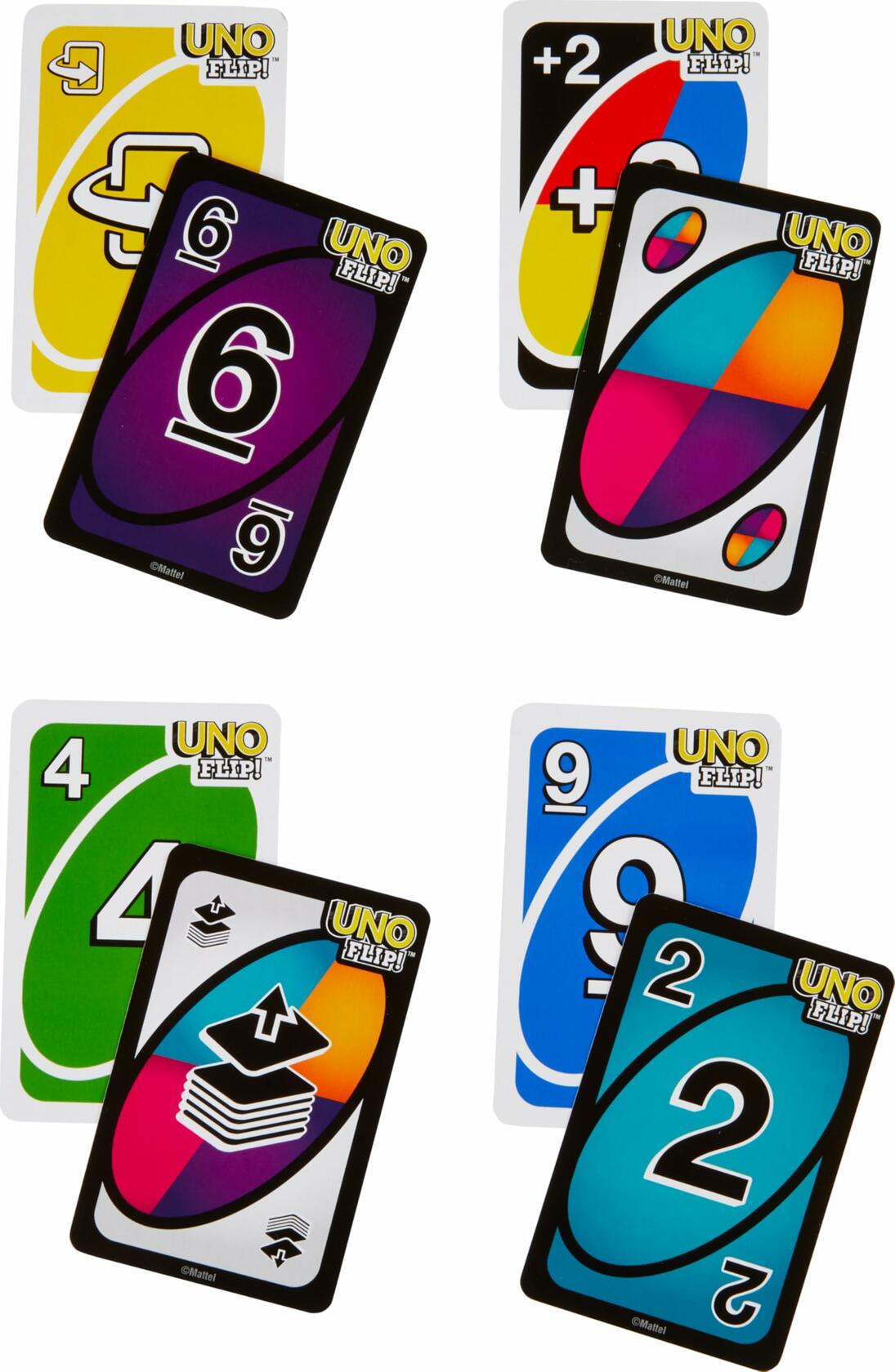 Mattel UNO FLIP! Juego de cartas familiar, 112 cartas, lata de almacenamiento resistente, edades 7+