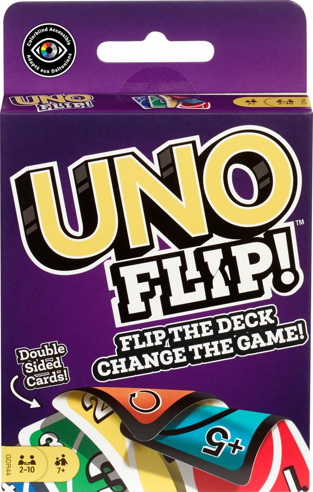 Mattel UNO FLIP! Juego de cartas familiar, 112 cartas, lata de almacenamiento resistente, edades 7+