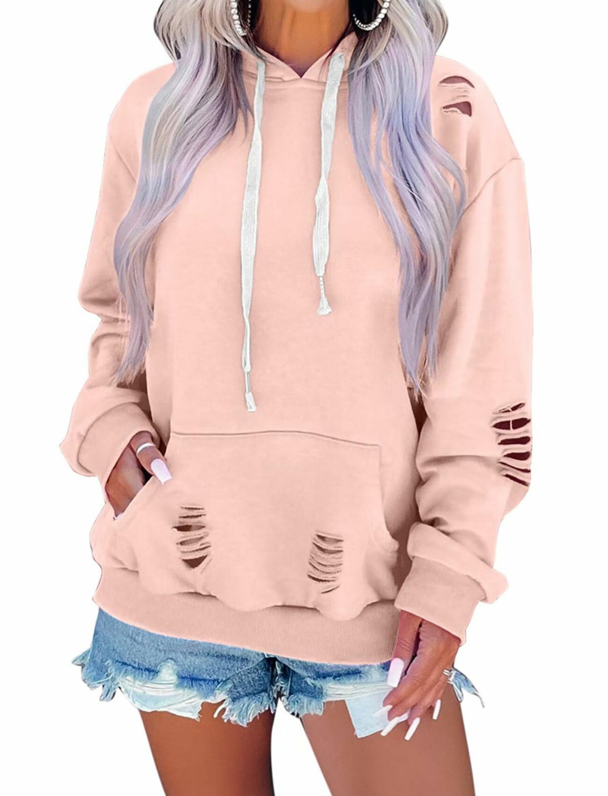 Sudadera con capucha para mujer, estilo desgastado, con cordón y bolsillo tipo canguro, color gris azulado, talla M