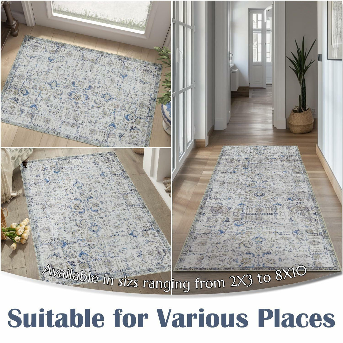jinchan 5x7 Blue Washable Vintage Floral Area Rug Non-Slip Boho Carpet