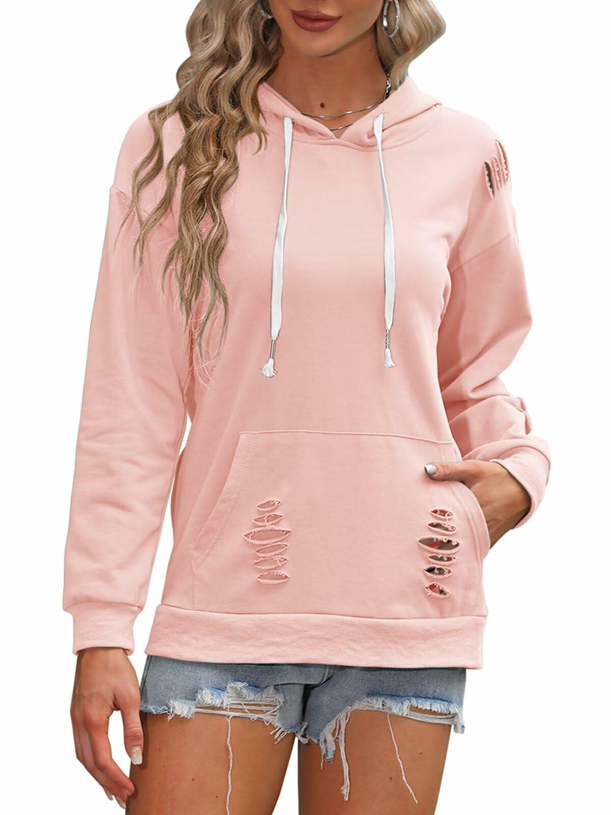Sudadera con capucha para mujer, estilo desgastado, con cordón y bolsillo tipo canguro, color gris azulado, talla M