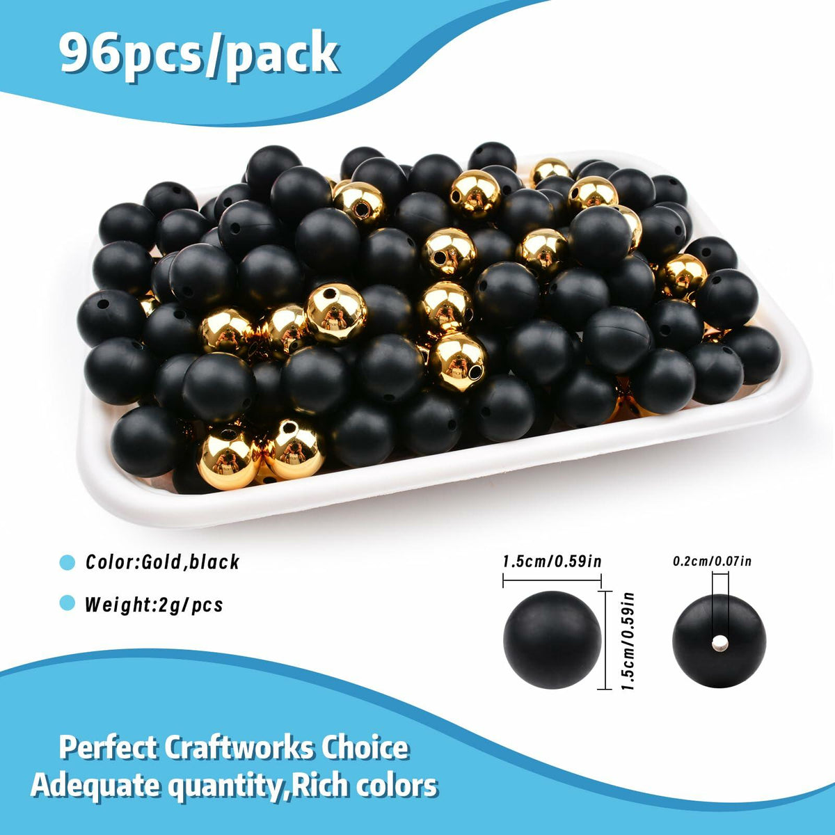 Kit de 96 cuentas de silicona de 15 mm, 2 colores, redondas, de goma para manualidades