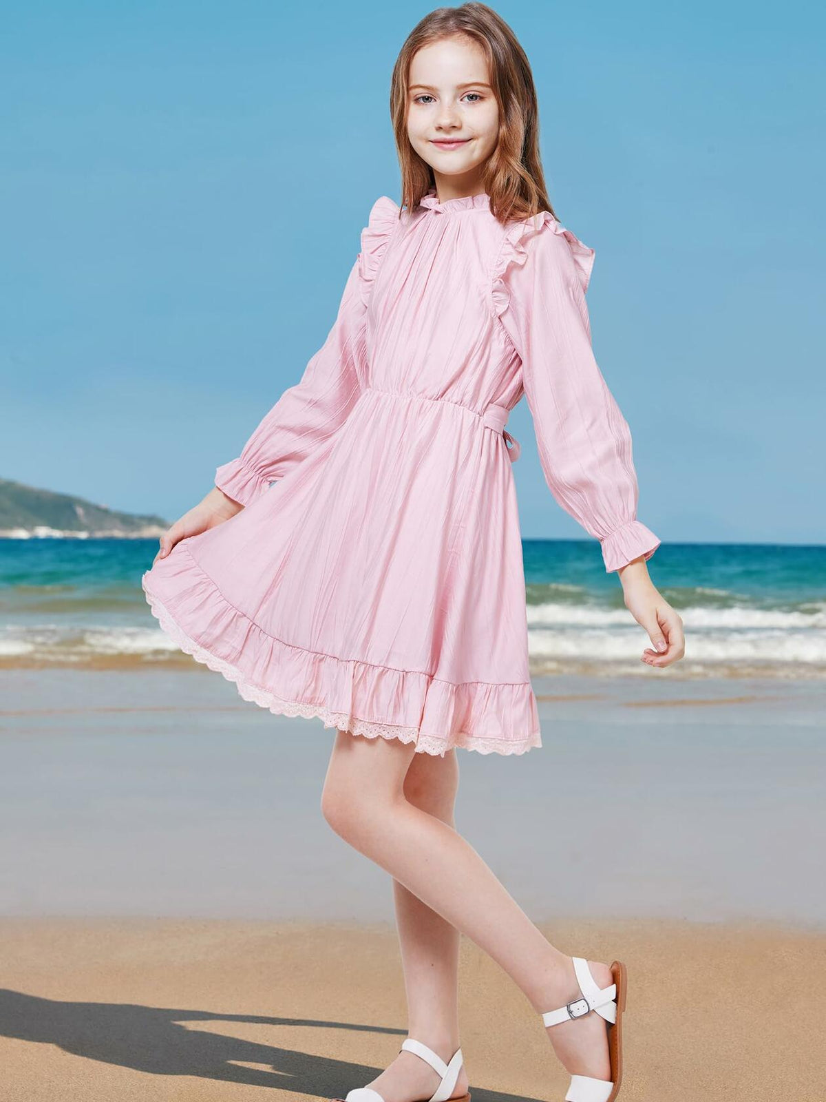 Vestido acampanado de manga larga con cinturón para niña WULFUL, color rosa, talla 9-10