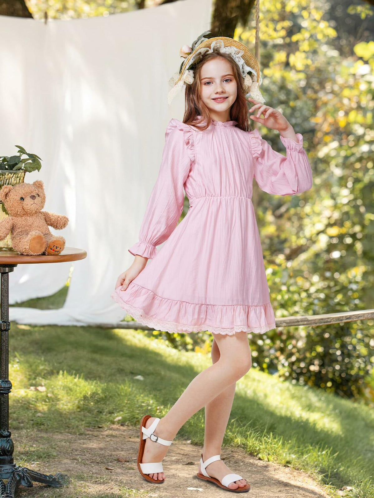 Vestido acampanado de manga larga con cinturón para niña WULFUL, color rosa, talla 9-10