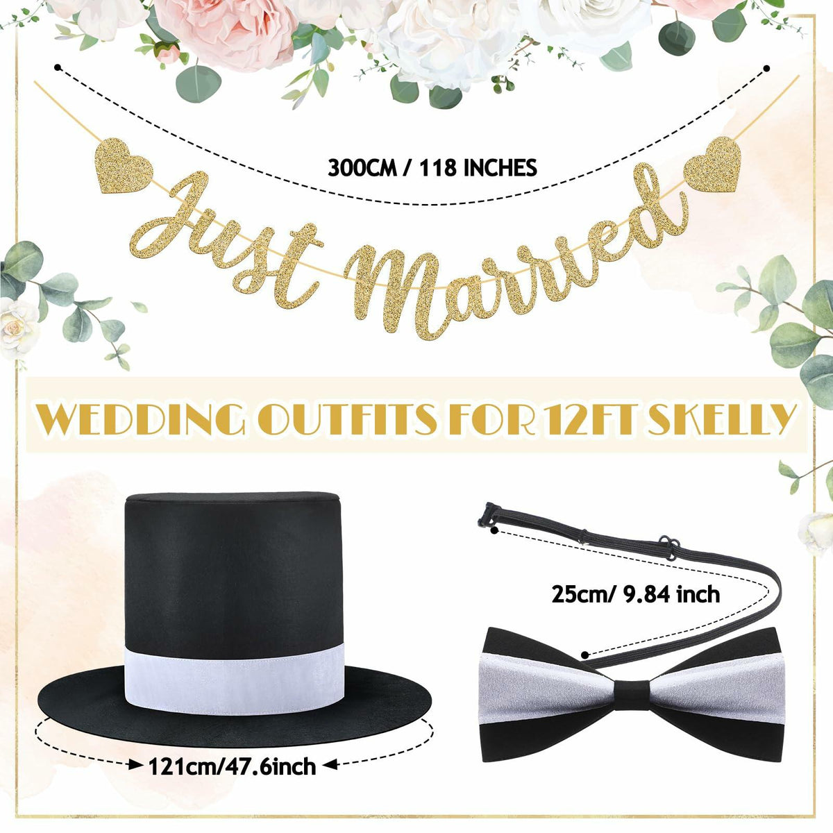 Accesorios de disfraz de esqueleto VioraWhite, pancarta y pajarita "Just Married"