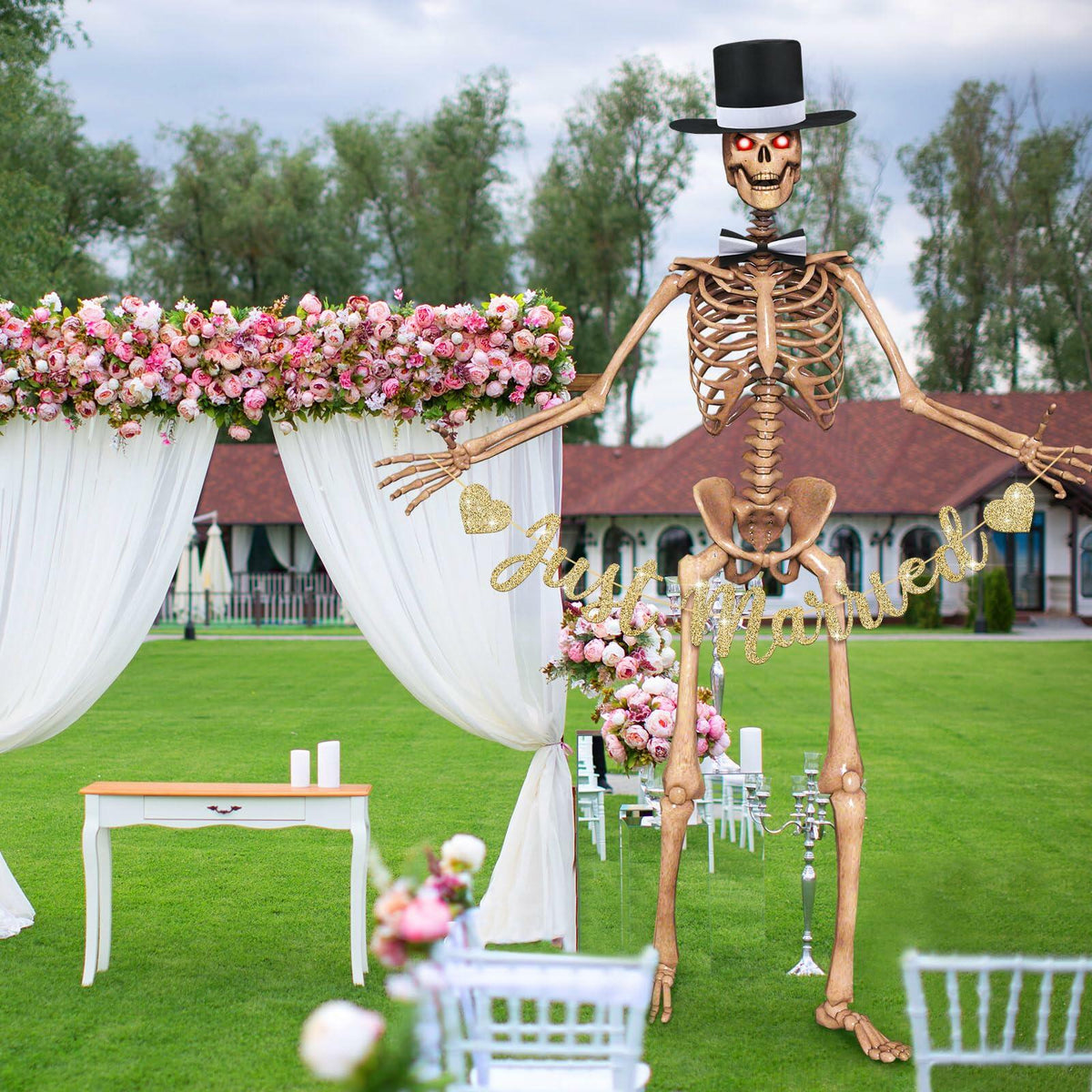 Accesorios de disfraz de esqueleto VioraWhite, pancarta y pajarita "Just Married"