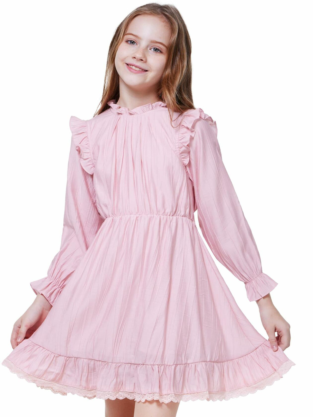 Vestido acampanado de manga larga con cinturón para niña WULFUL, color rosa, talla 9-10