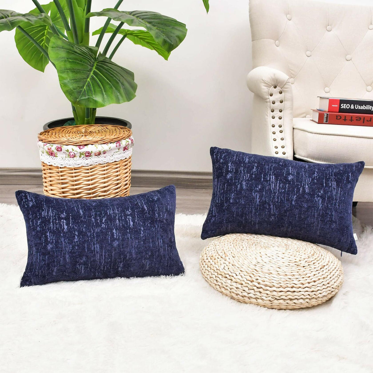 Fundas de cojín decorativas de chenilla jacquard con mármol CaliTime, 12x20, azul marino, paquete de 2
