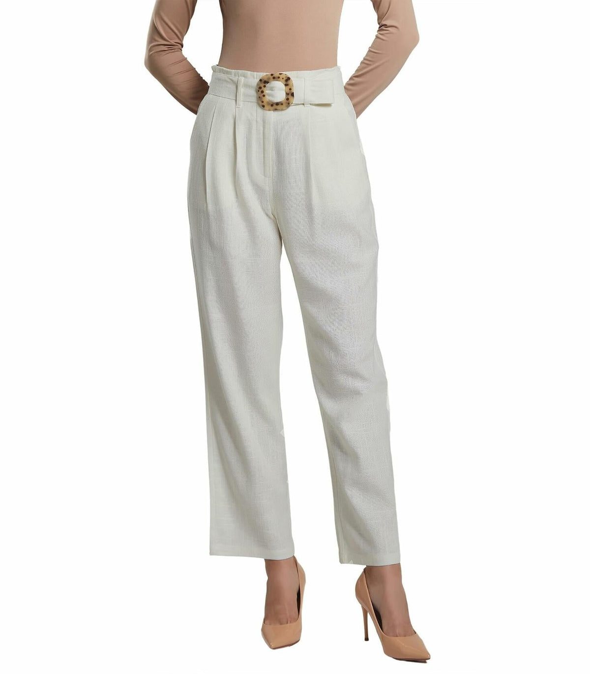 Pantalones SANDY & SID de lino para mujer, de tiro alto, corte recto y estilo capri, color blanco, talla S