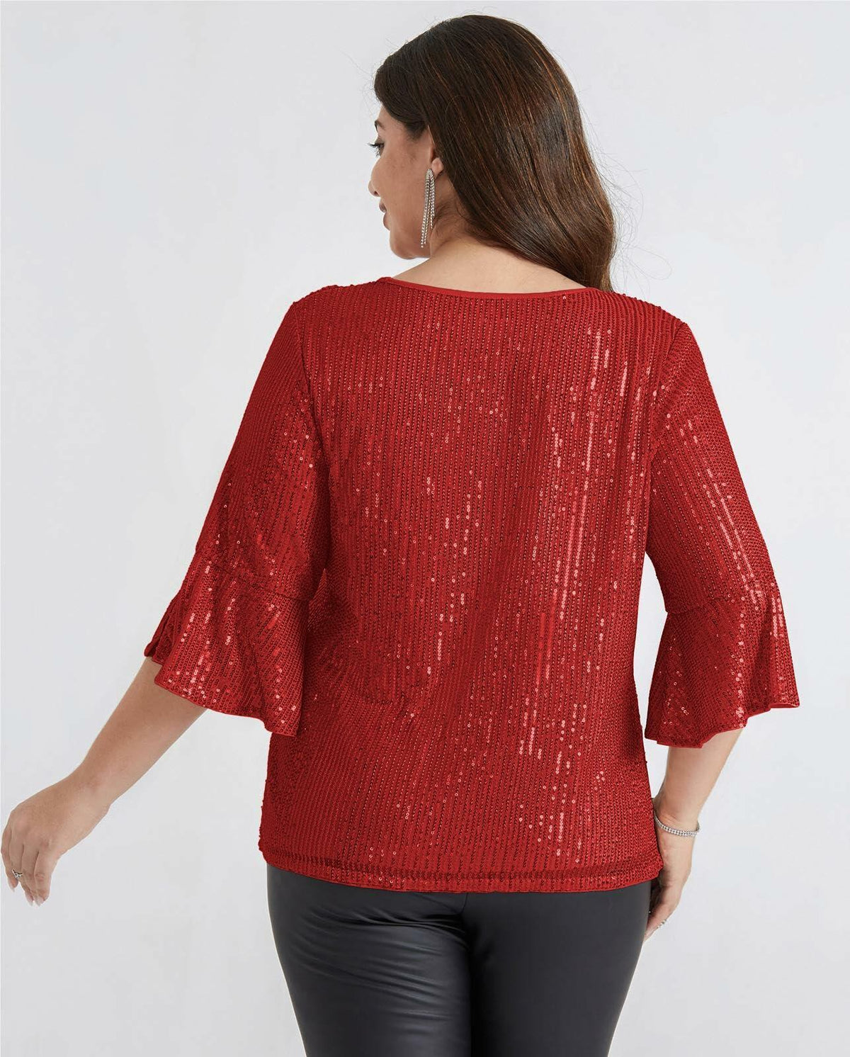 Blusa Hanna Nikole para mujer, con lentejuelas brillantes, mangas casquillo, color rojo, talla 20Plus