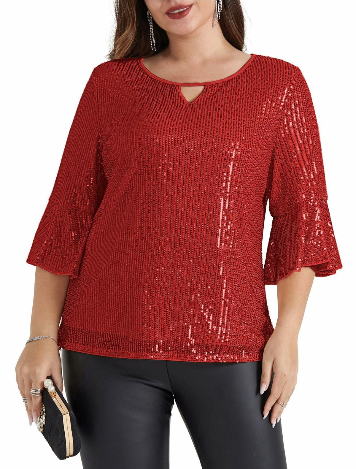 Blusa Hanna Nikole para mujer, con lentejuelas brillantes, mangas casquillo, color rojo, talla 20Plus