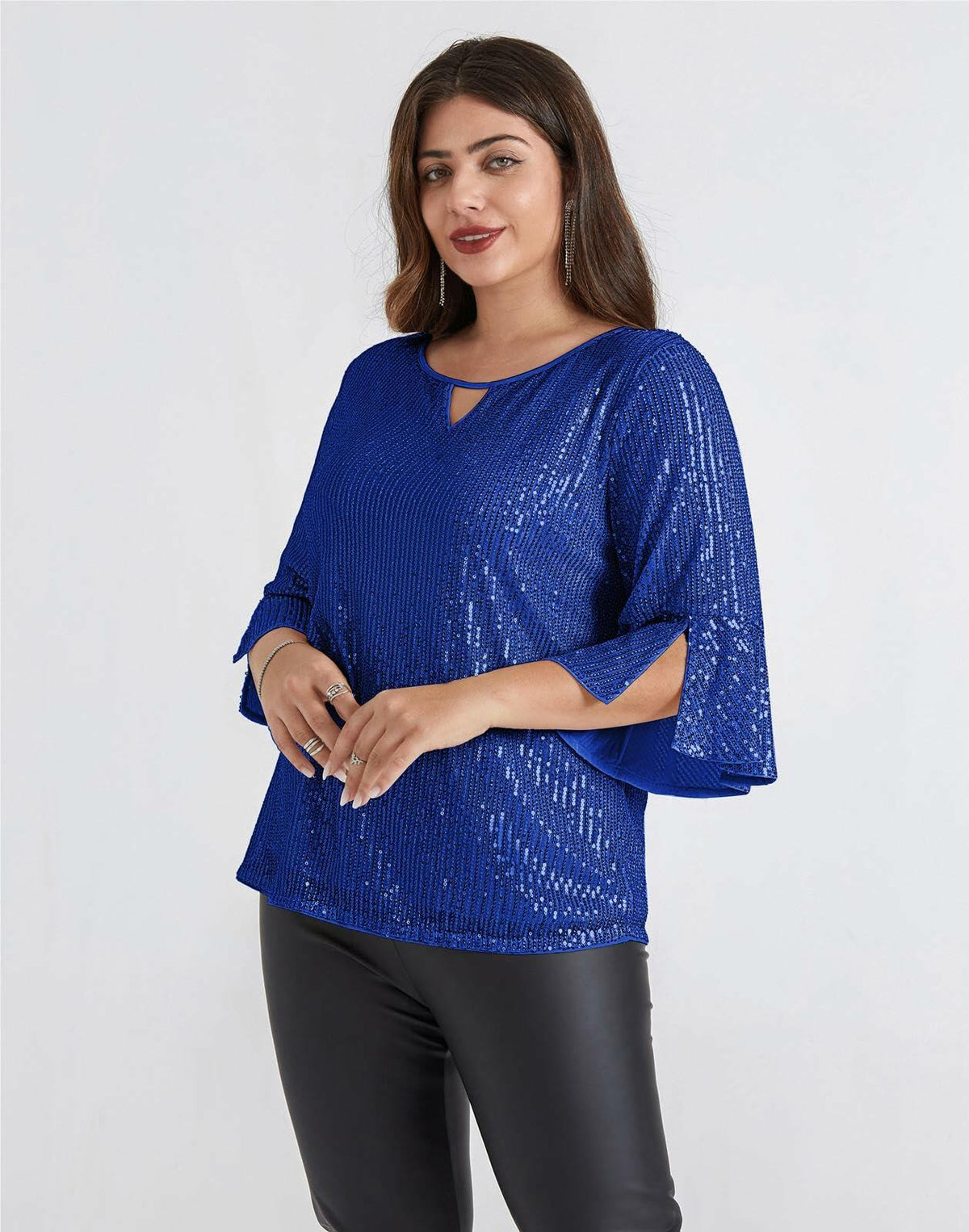 Hanna Nikole Sequin Ruffle Long Sleeve Wrap Blouse Blue Size 16Plus