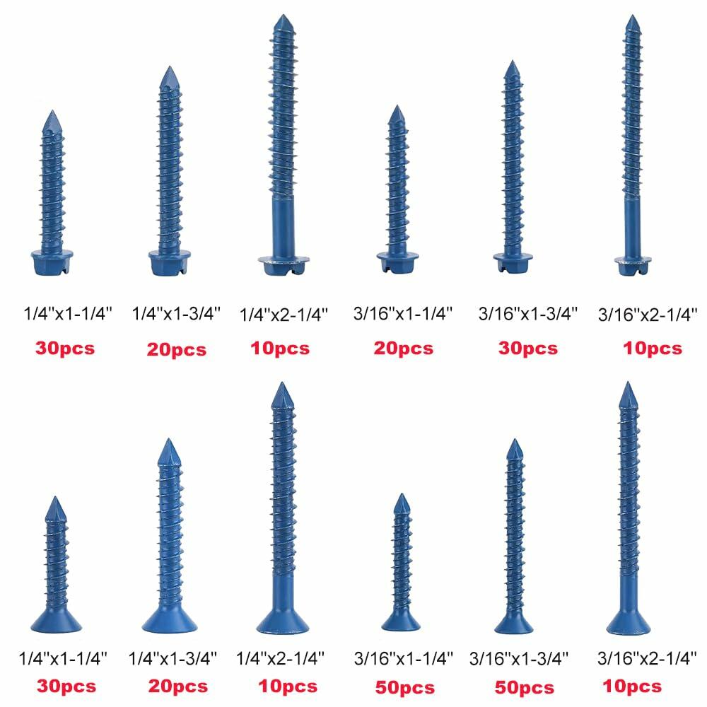 290 piezas de tornillos para concreto, 12 tamaños, anclajes para mampostería de cabeza plana y hexagonal, 1.25"-2.25"