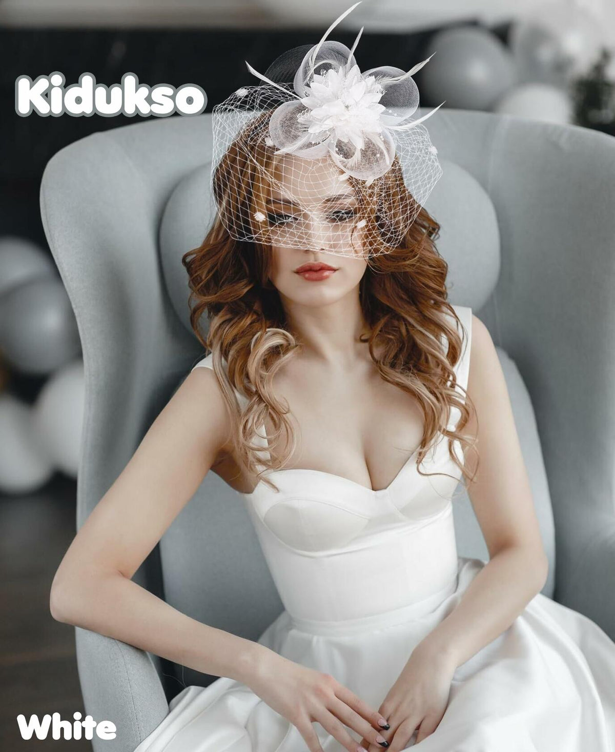 Sombrero tocado Kidukso estilo vintage años 20, estilo Derby, con malla, velo y plumas, color blanco
