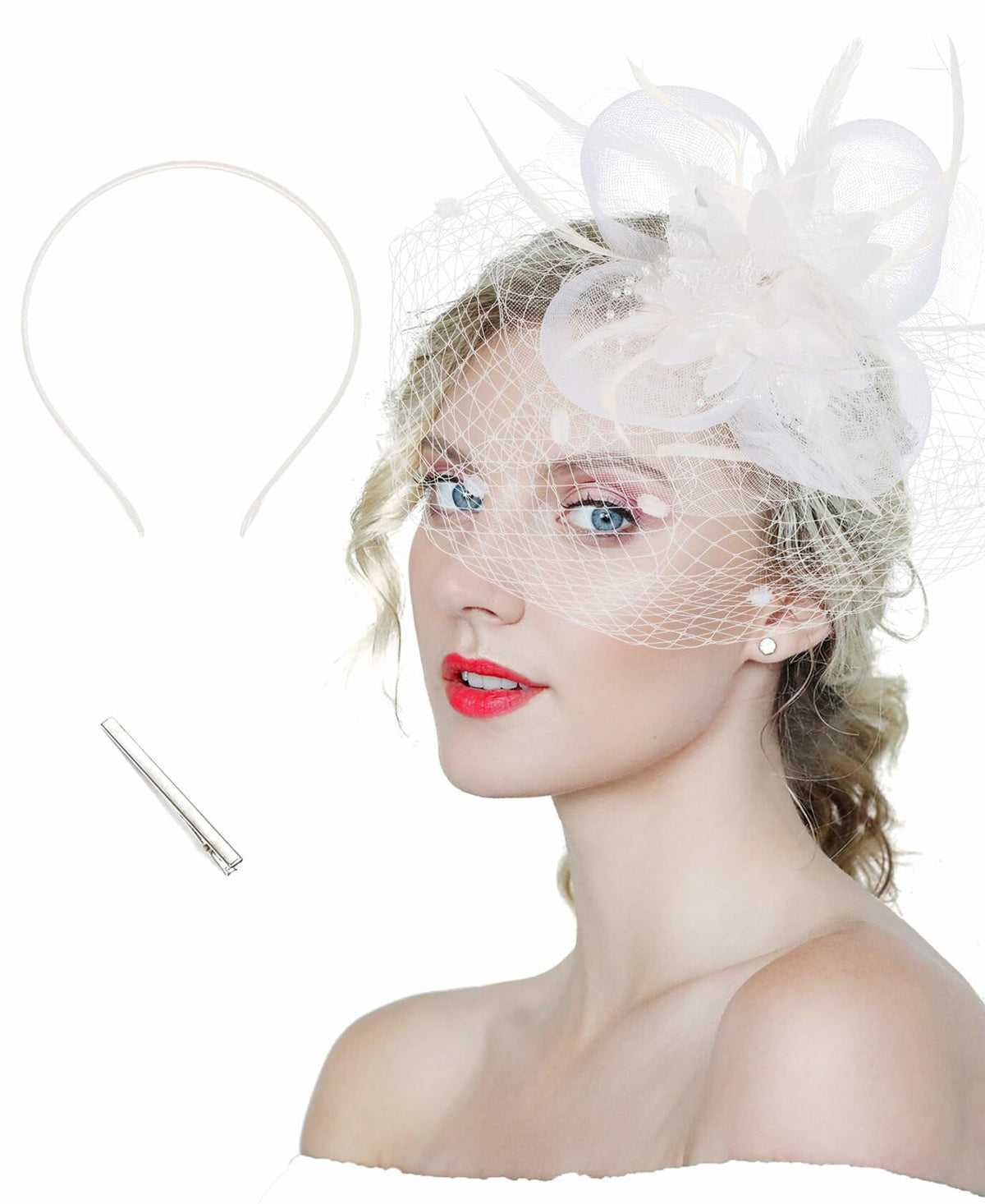 Sombrero tocado Kidukso estilo vintage años 20, estilo Derby, con malla, velo y plumas, color blanco