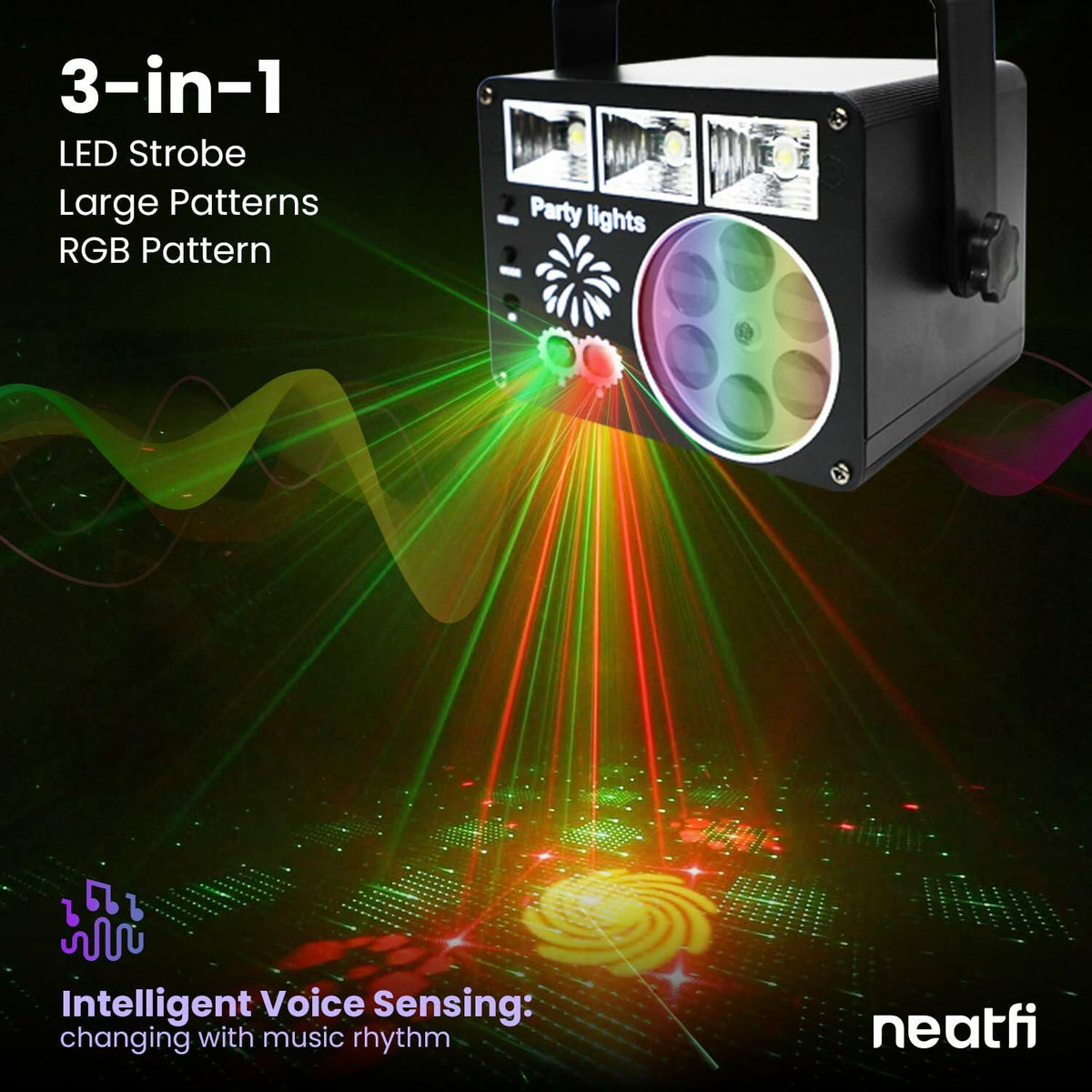 Luz de fiesta activada por sonido Neatfi con control remoto, color negro, para interiores, DJ
