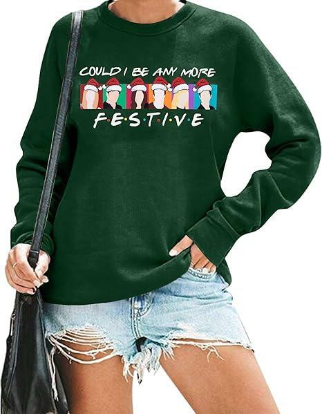 Sudadera navideña de manga larga FASHGL Christmas Friends para mujer, verde, XL