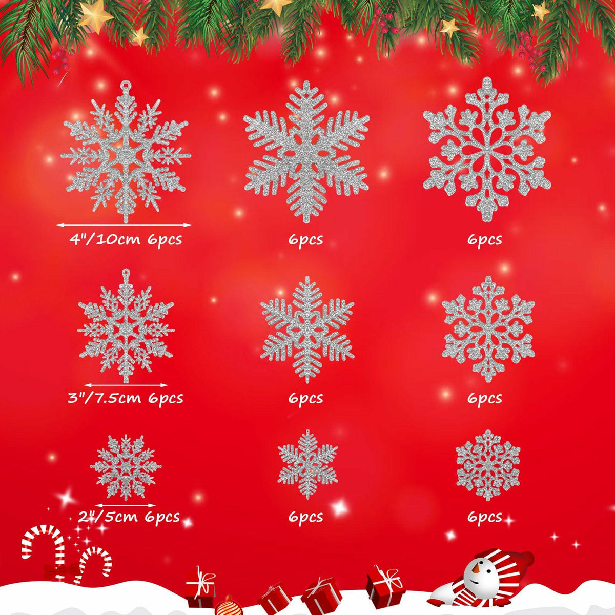 54pcs Silver Snowflake Christmas Tree Ornaments Glitter Indoor Decor