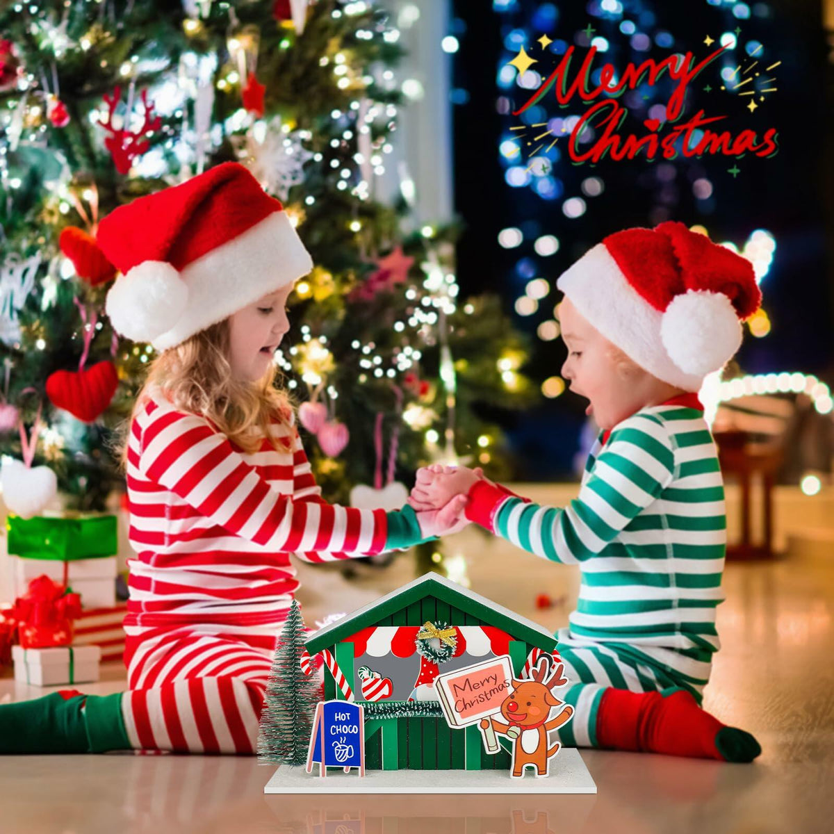 Set de decoración de casa de pueblo navideño con luz LED Zqoyn con ciervo, decoración de mesa para interiores