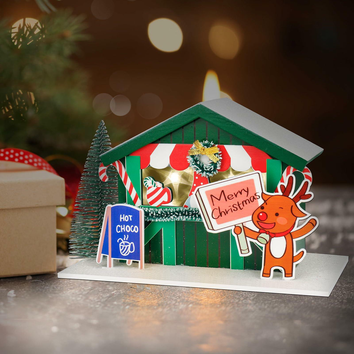Set de decoración de casa de pueblo navideño con luz LED Zqoyn con ciervo, decoración de mesa para interiores