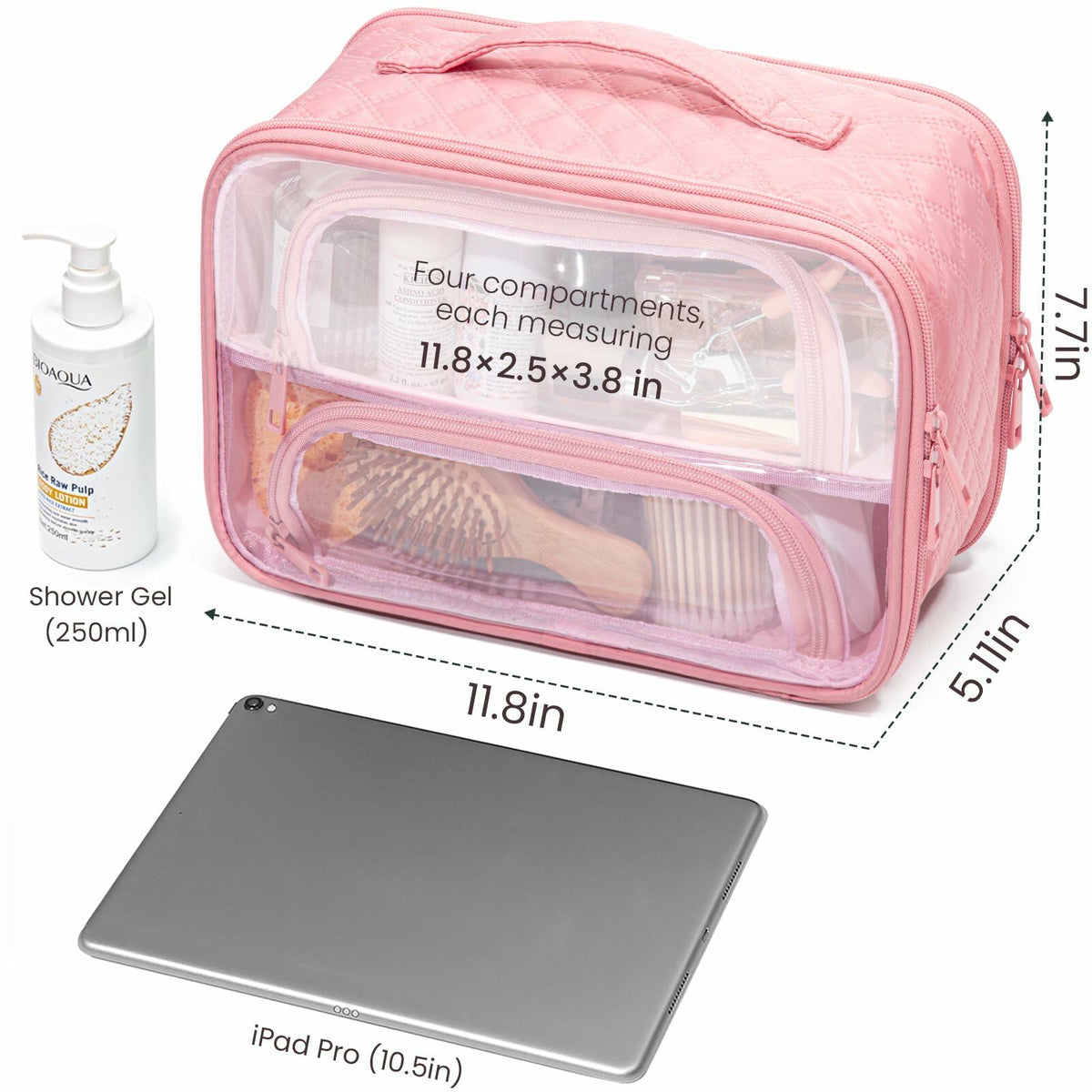 Neceser de viaje transparente FUNSEED, organizador grande, color rosa, múltiples compartimentos