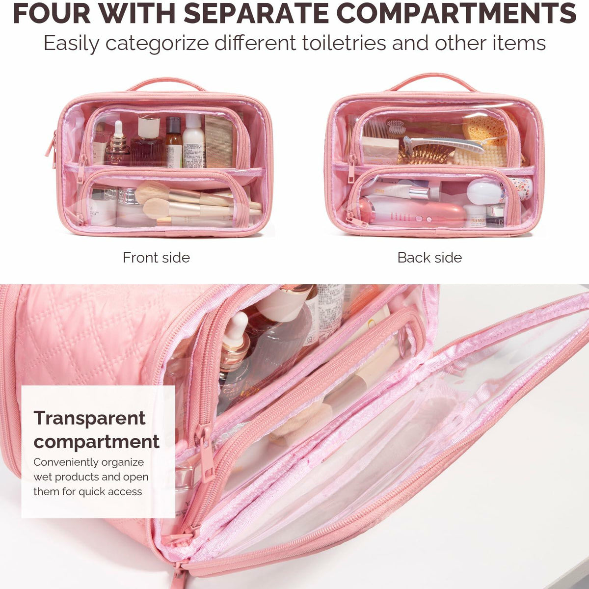 Neceser de viaje transparente FUNSEED, organizador grande, color rosa, múltiples compartimentos
