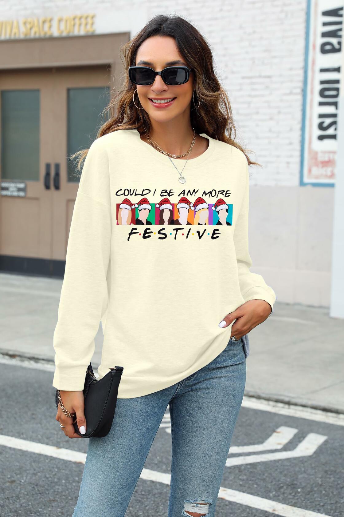Sudadera navideña de manga larga FASHGL Christmas Friends para mujer, verde, XL